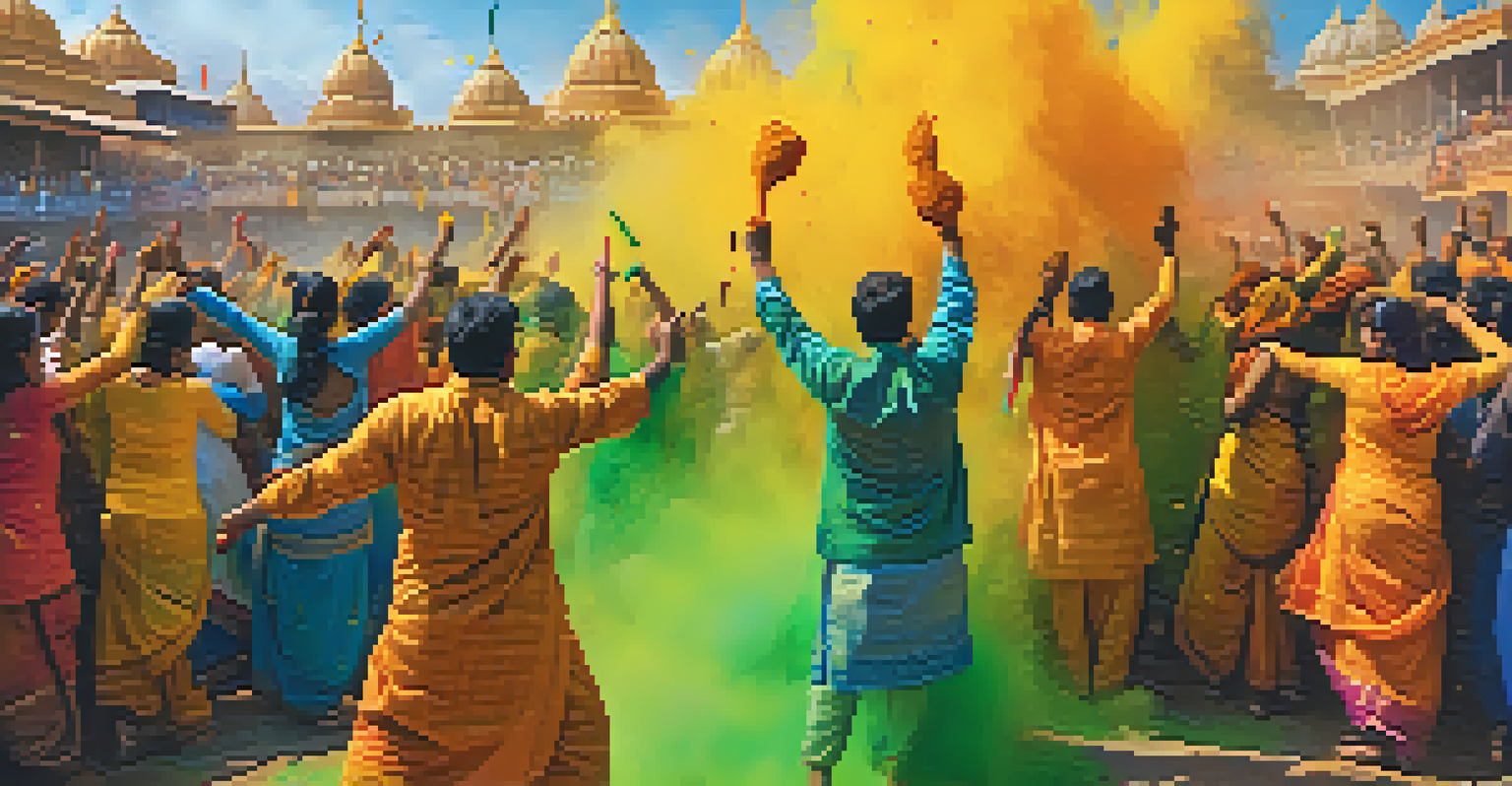 A lively Hindu festival scene during Holi with people throwing colorful powders in the air, filled with joy and vibrant colors.