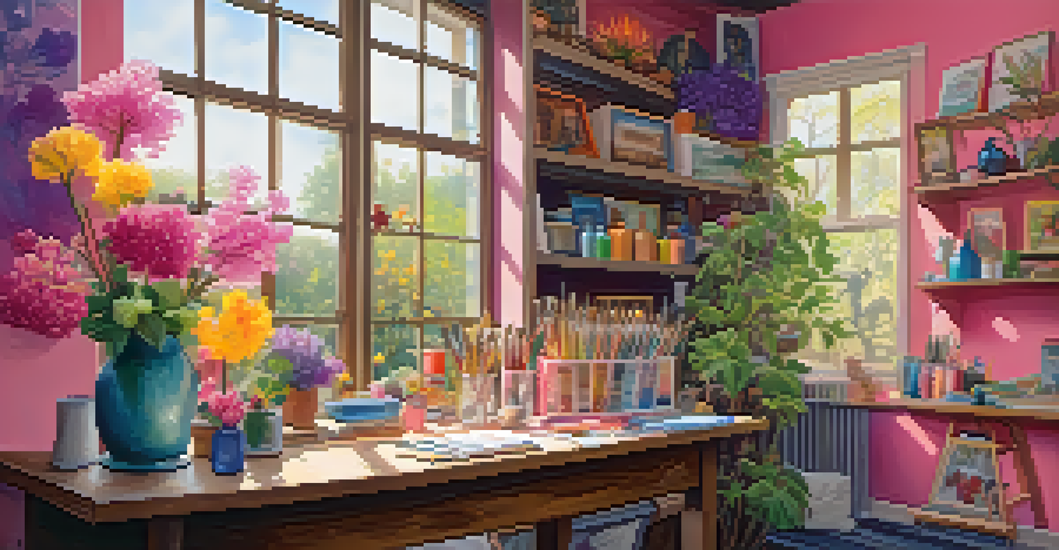 An artist's studio with colorful paints, brushes, and a vibrant garden painting on a canvas.