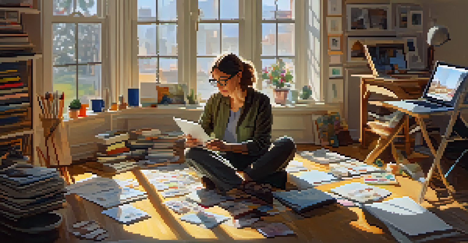 An artist in a cozy studio working on a digital tablet, surrounded by canvases and sketches. Soft sunlight enhances the warm atmosphere.