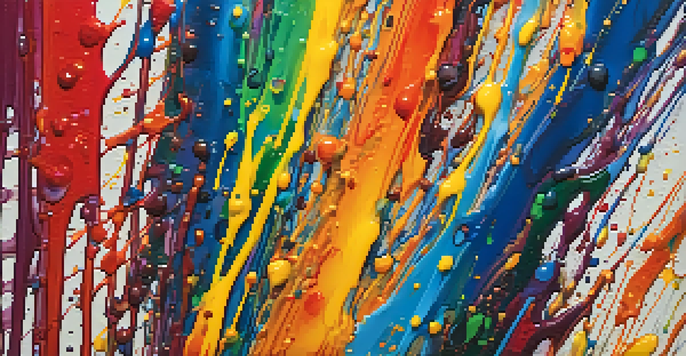 A close-up view of a colorful drip painting, featuring dynamic lines and textured layers of paint with natural light enhancing its vibrancy.