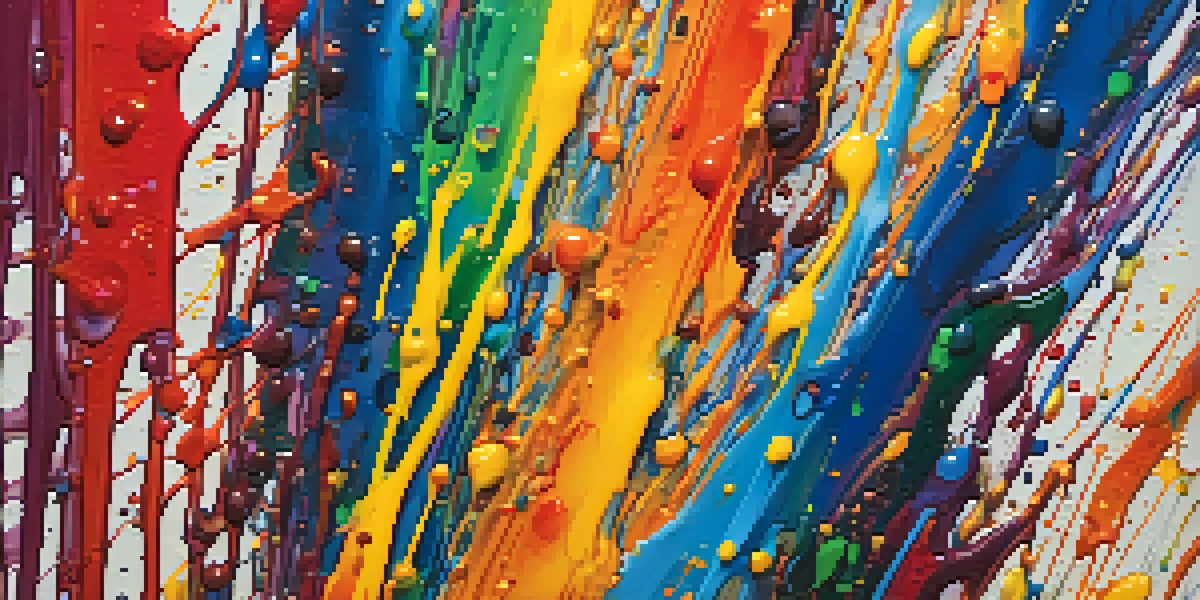 A close-up view of a colorful drip painting, featuring dynamic lines and textured layers of paint with natural light enhancing its vibrancy.