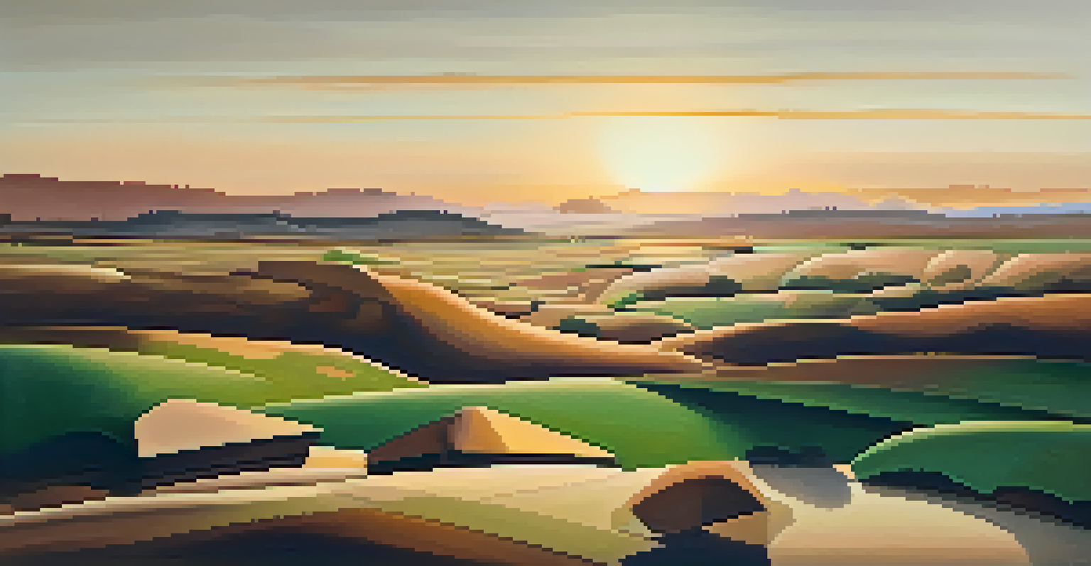 An abstract landscape with geometric shapes in earthy tones of brown, green, and gold, illuminated by warm sunset light, creating a serene atmosphere.