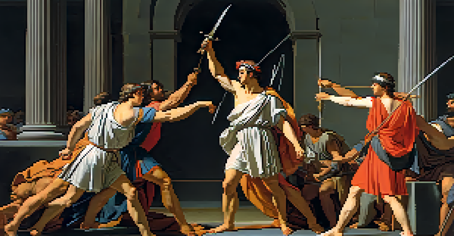 A dramatic scene featuring three heroic brothers from 'Oath of the Horatii' by Jacques-Louis David, with strong lighting and ancient architecture.