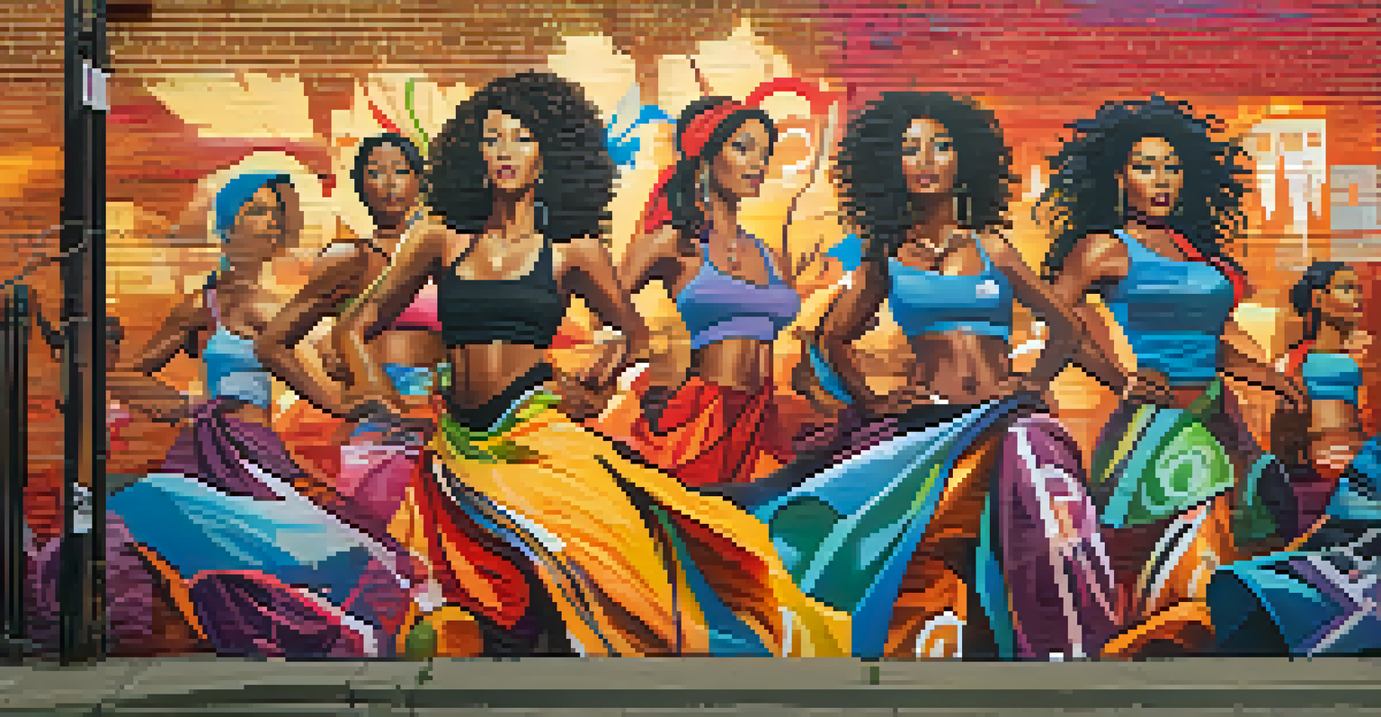 A colorful street mural of diverse female figures celebrating empowerment and identity.