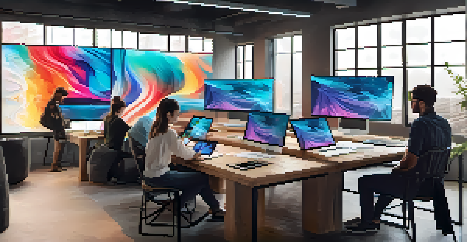 A modern workspace where artists are collaborating digitally on multiple screens, creating an artwork in real-time.