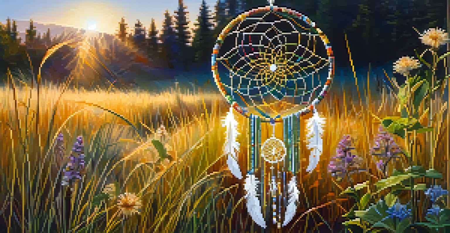 A colorful dreamcatcher in a natural setting, symbolizing protection and guidance with sunlight sparkling on beads.