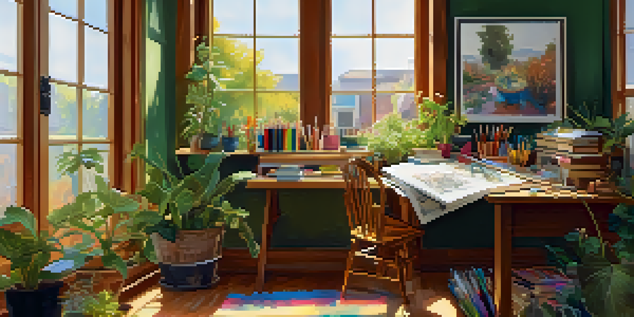 A small artist's corner with a wooden desk full of art supplies, a painting in progress, and plants by the window, illuminated by natural light.