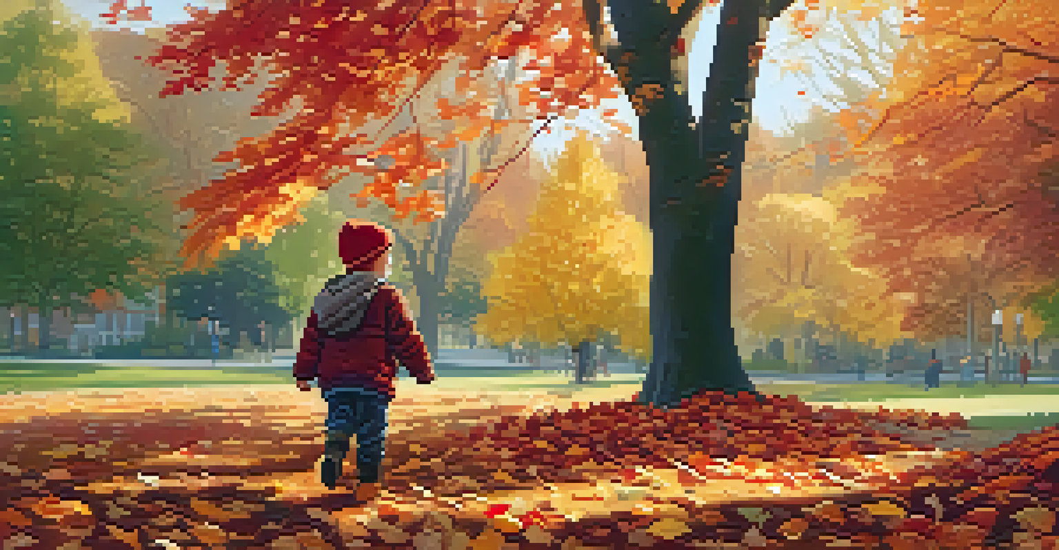 A child collecting colorful autumn leaves in a park filled with vibrant fall colors.