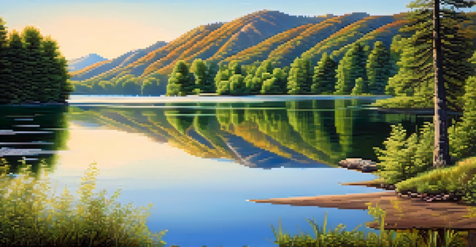 A peaceful lake reflecting green mountains and a blue sky, with sunlight creating patterns on the ground through the leaves.