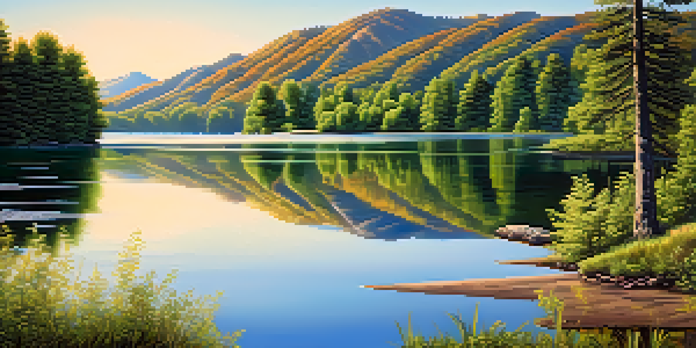 A peaceful lake reflecting green mountains and a blue sky, with sunlight creating patterns on the ground through the leaves.