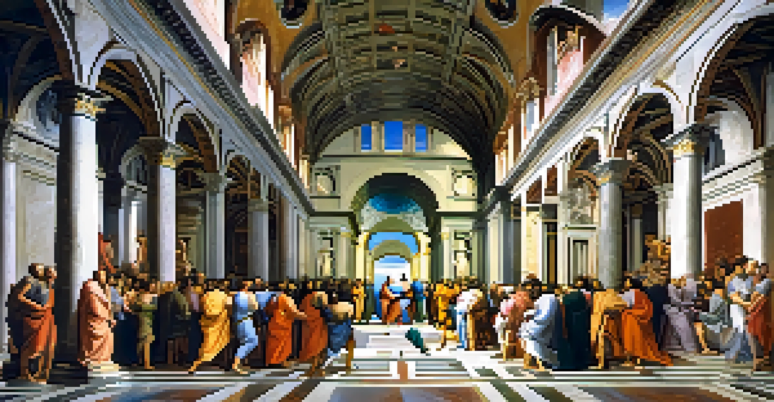 Classical philosophers discussing in a grand Renaissance hall with intricate architecture and expressive figures.