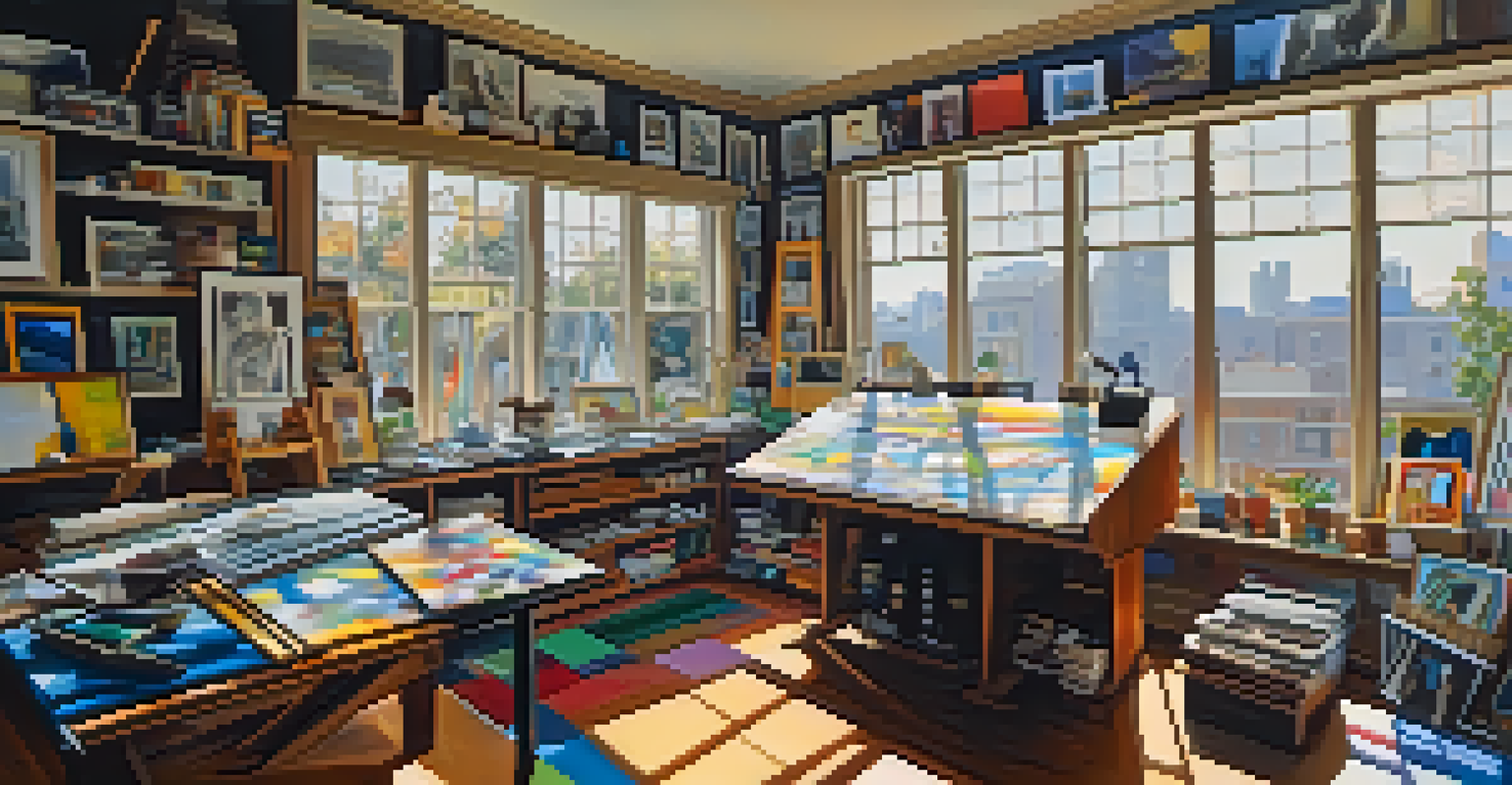 An artist's studio with sketches and paintings depicting speed, illuminated by natural light.