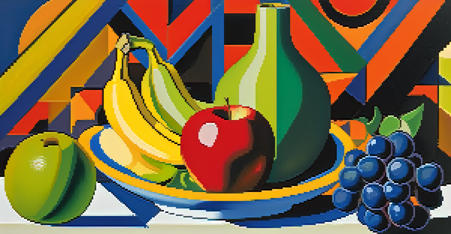 A Cubist still life with geometric fruits including an apple and banana, in vibrant colors against an abstract background.