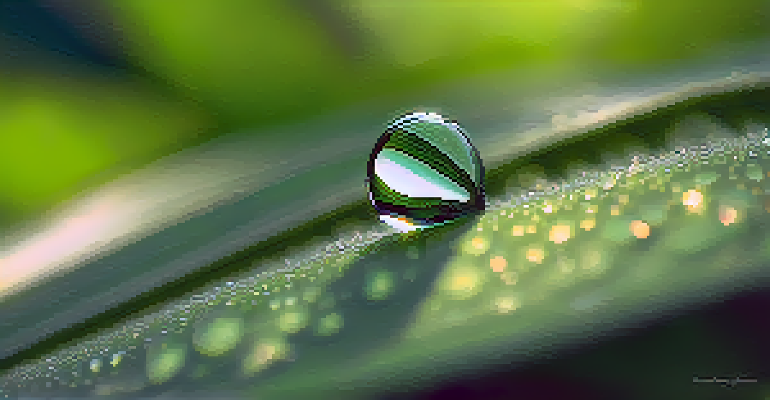 A close-up view of a dewdrop on a leaf, reflecting the green surroundings, with sunlight creating a sparkling effect in the early morning.