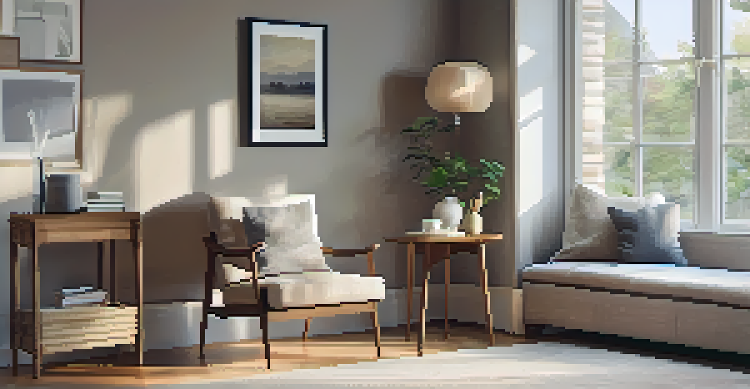 A cozy home setting with a framed painting on the wall, an armchair, and a table with a coffee cup.