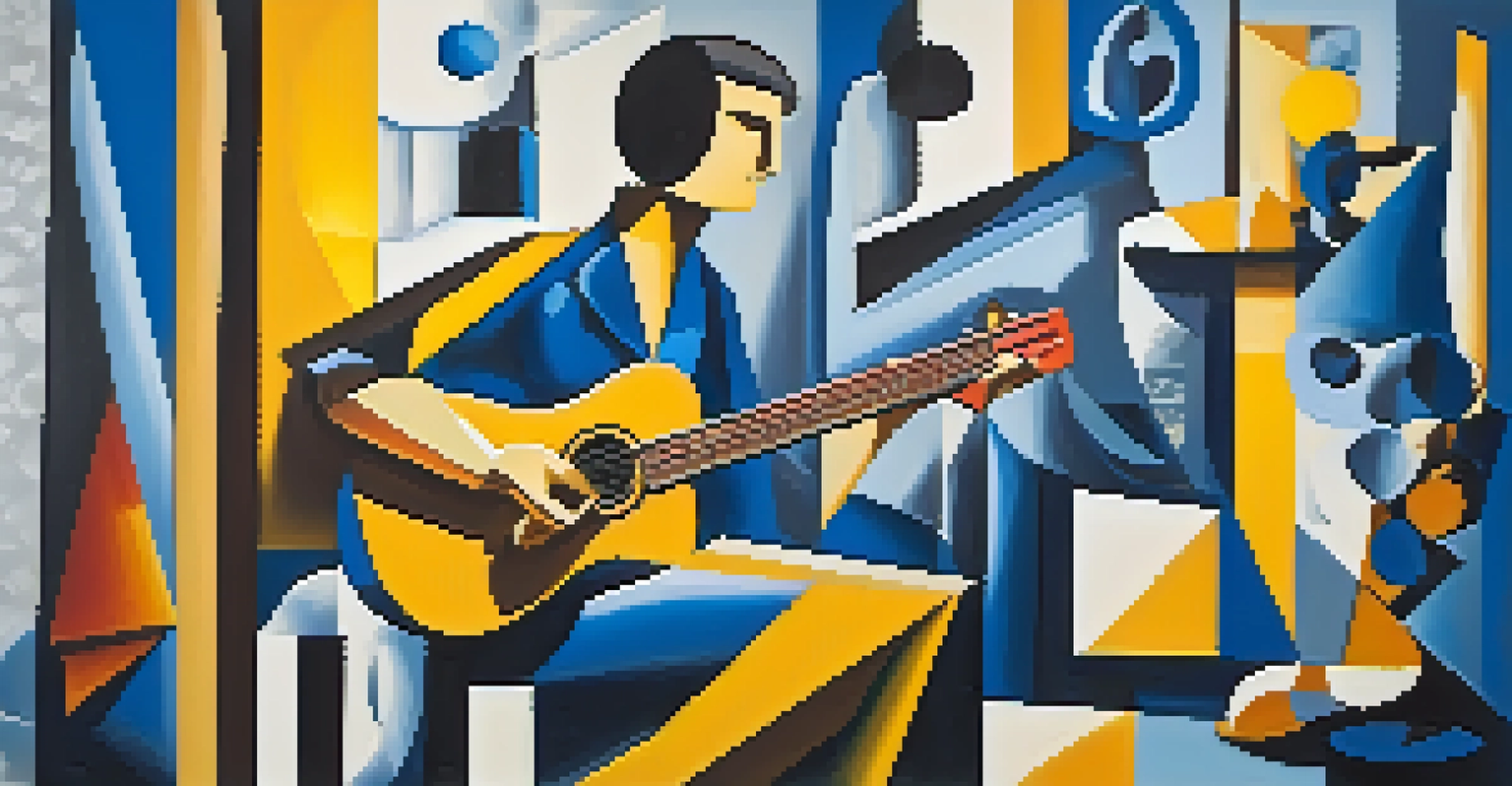 An abstract Cubist image of a musician playing a guitar with colorful shapes and musical notes.