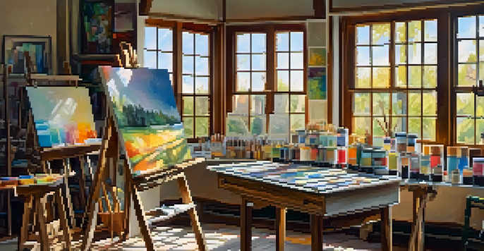 An artist's studio with a wooden easel, vibrant paint tubes, and brushes in a jar, illuminated by sunlight.
