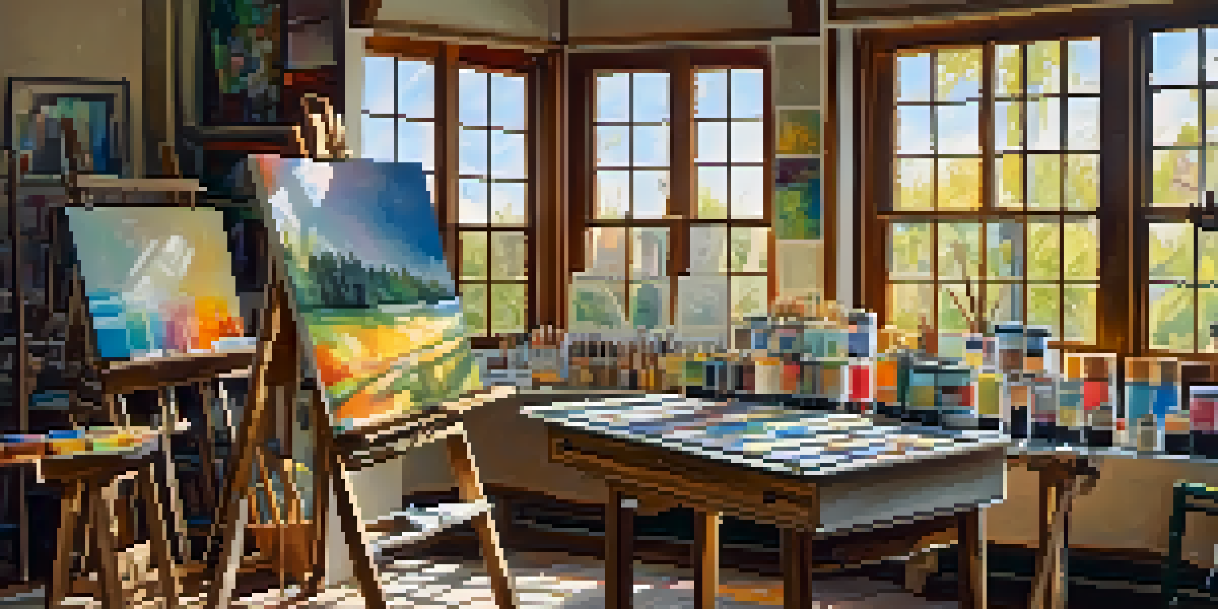 An artist's studio with a wooden easel, vibrant paint tubes, and brushes in a jar, illuminated by sunlight.