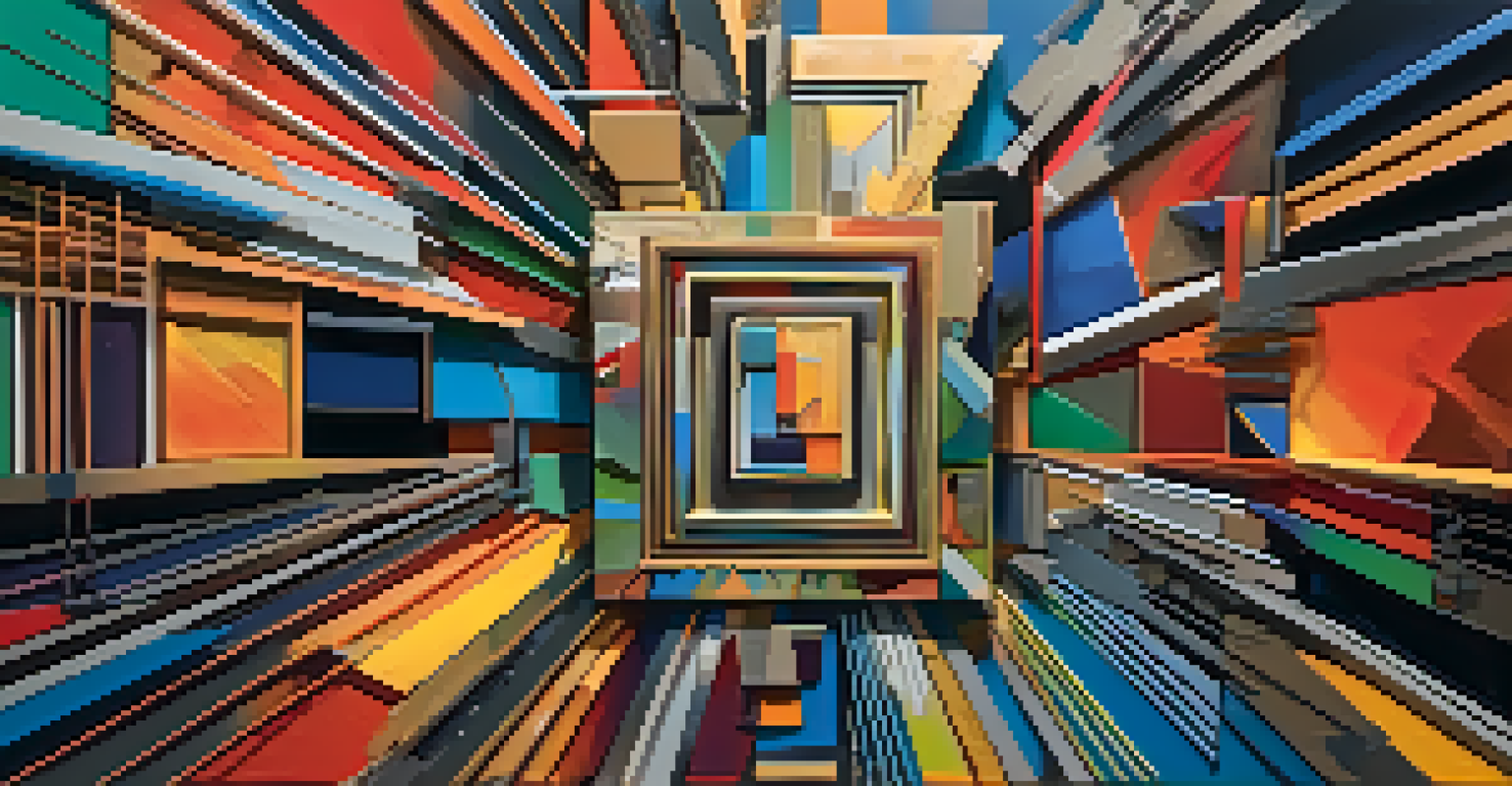 A mixed media abstract piece with geometric shapes in bold colors and a textured background.