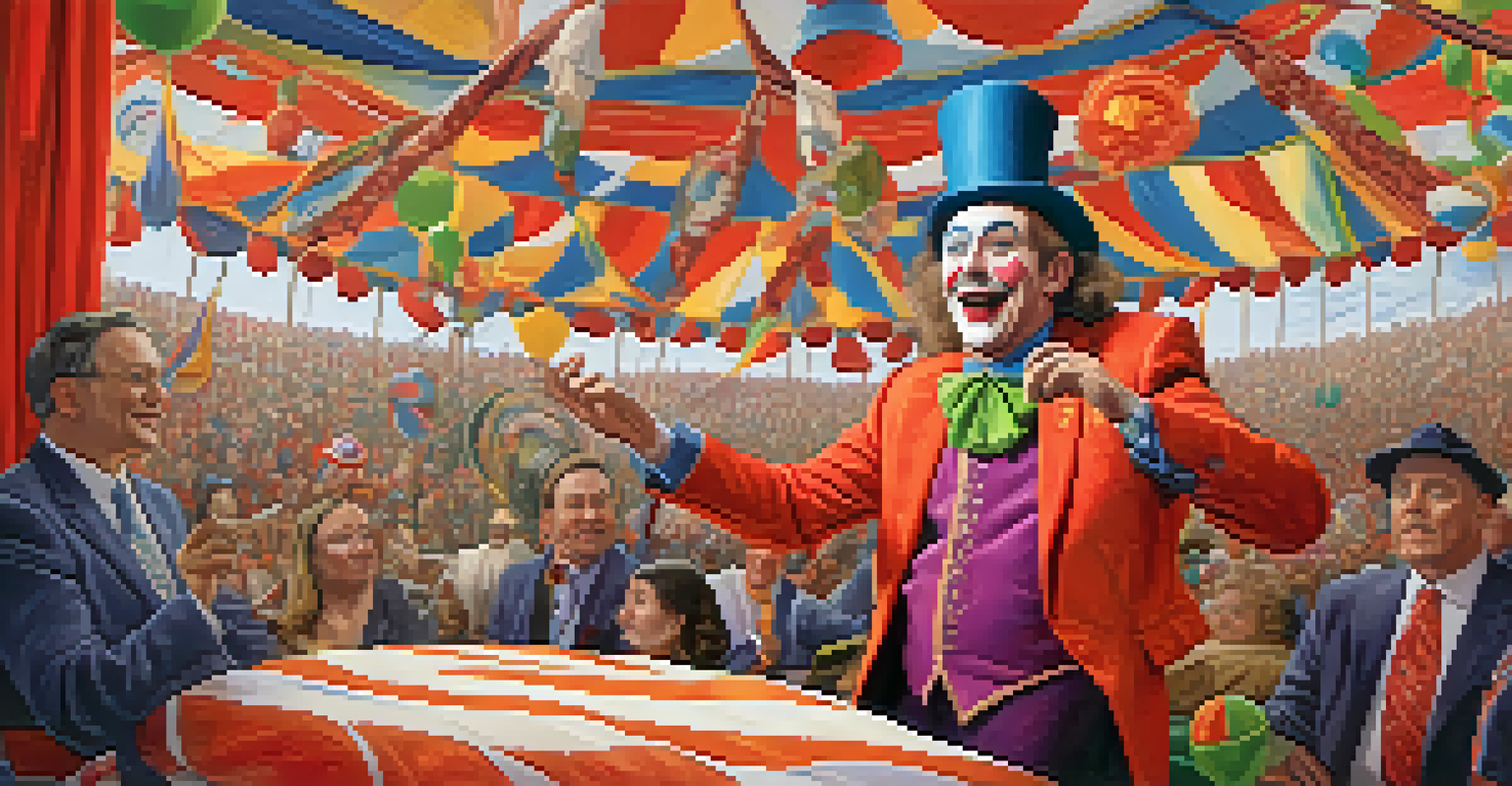 A humorous cartoon of a politician dressed as a jester juggling issues, with a circus tent in the background.