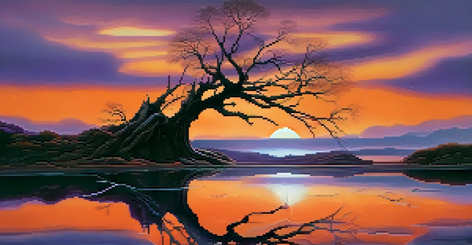 A surreal landscape with a melting clock hanging from a tree branch, under a colorful sunset sky.