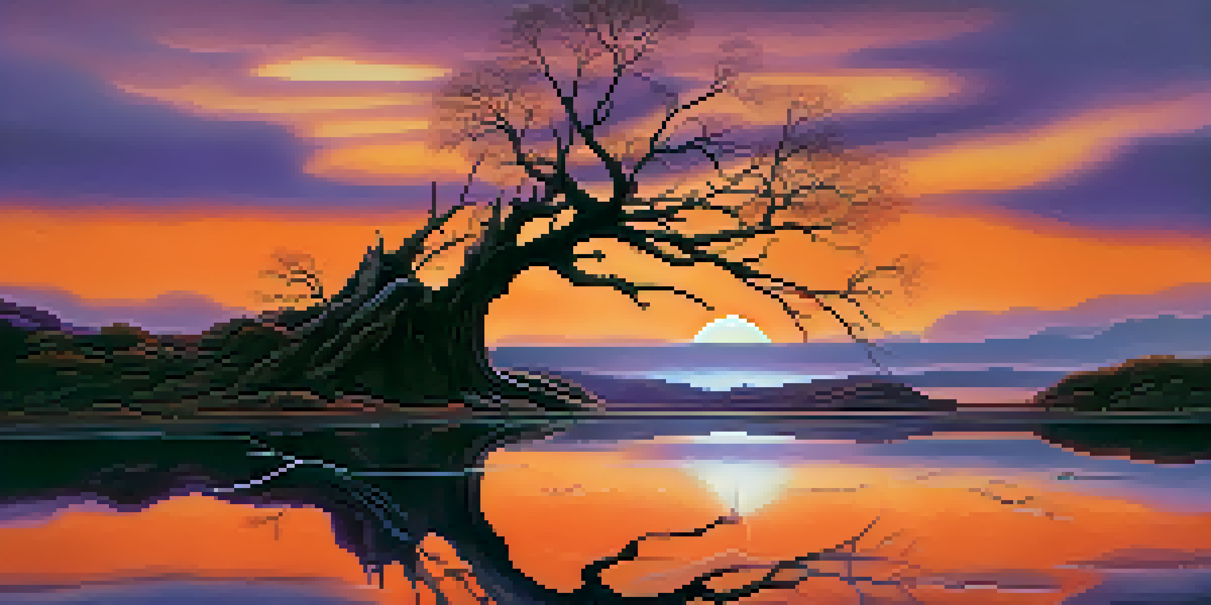 A surreal landscape with a melting clock hanging from a tree branch, under a colorful sunset sky.