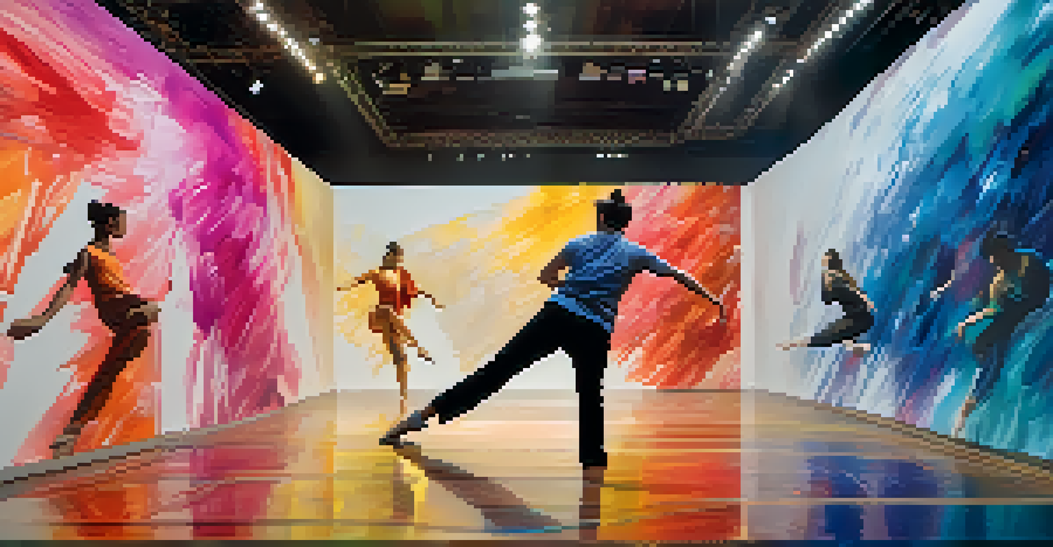 A dancer performing live in front of a digital painting being created in real-time, with colors reflecting the dancer's movements.