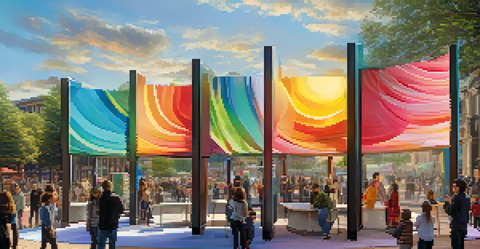 An interactive public art installation in a lively city square with people engaging with the artwork during sunset.