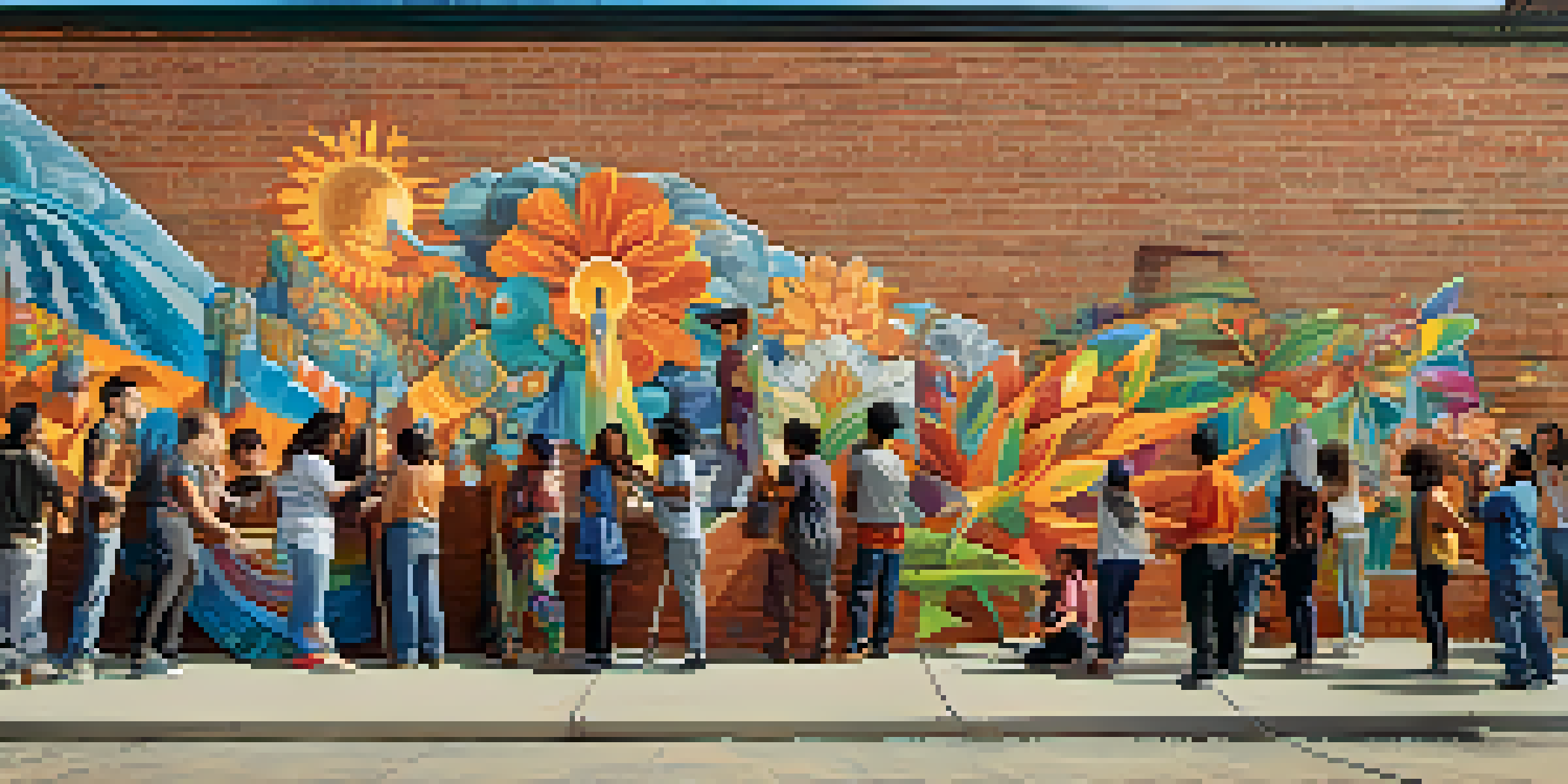 A group of artists painting a colorful mural on a brick wall, representing community collaboration and diversity.