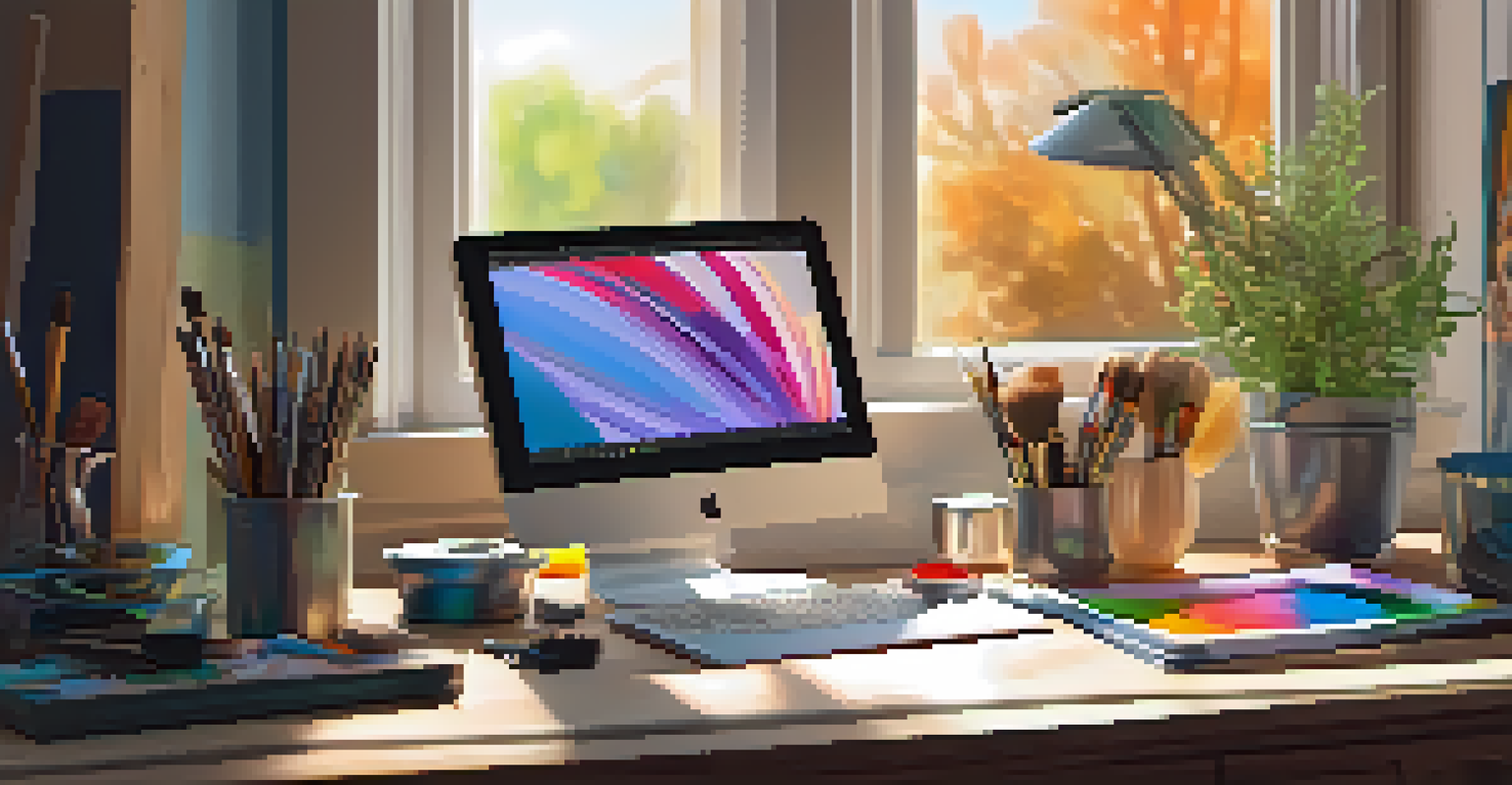 A creative digital art workspace with a tablet showing a colorful painting, surrounded by art supplies and natural light.