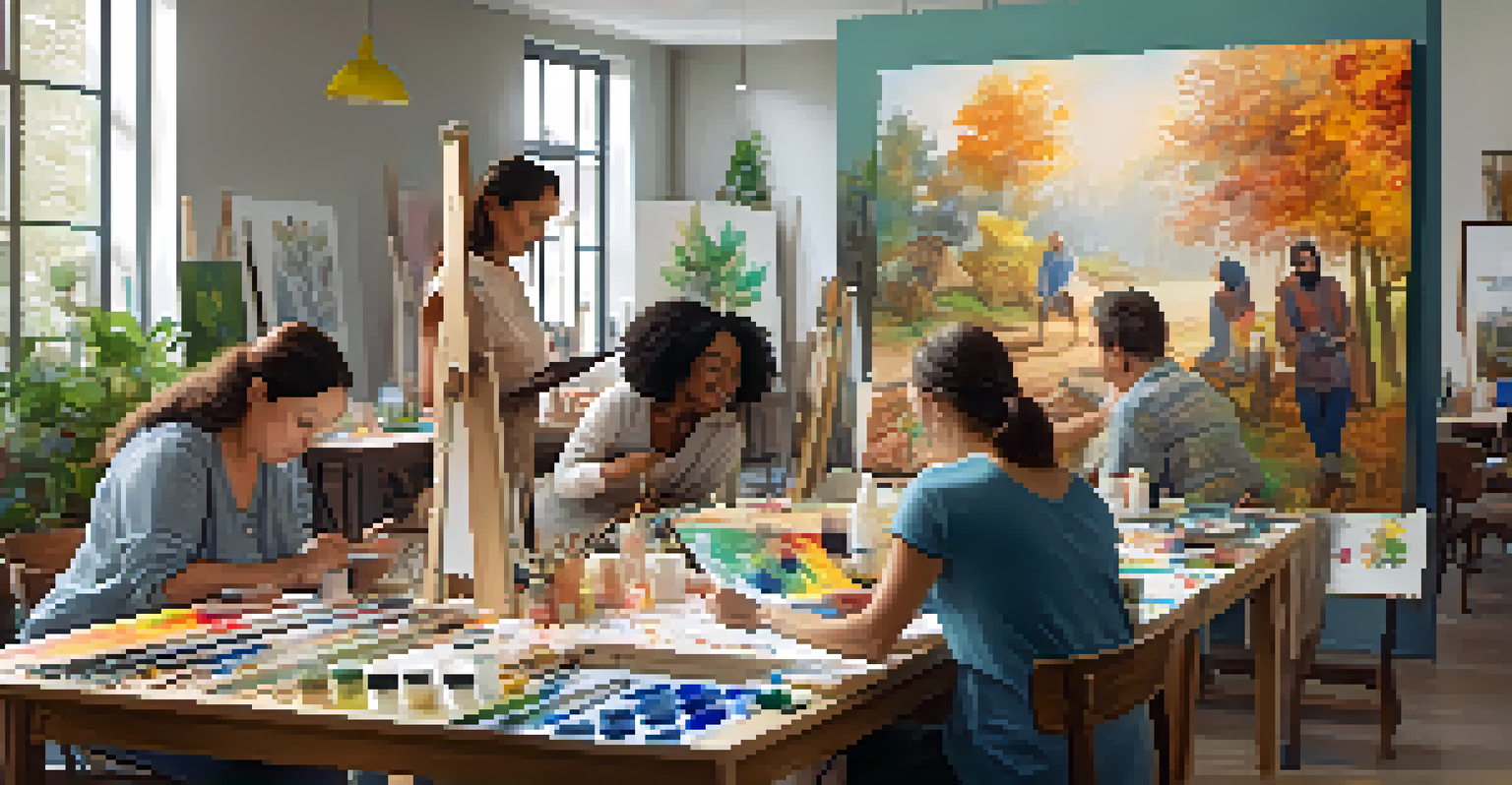 A group of individuals engaged in art therapy, creating artwork in a supportive environment.