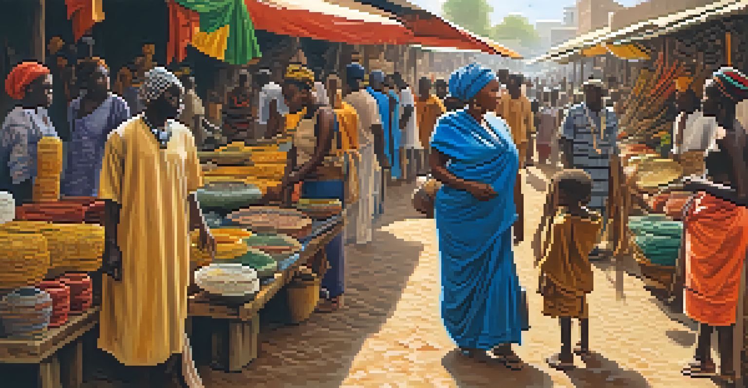 A lively traditional African art market with colorful stalls and artisans interacting with visitors.
