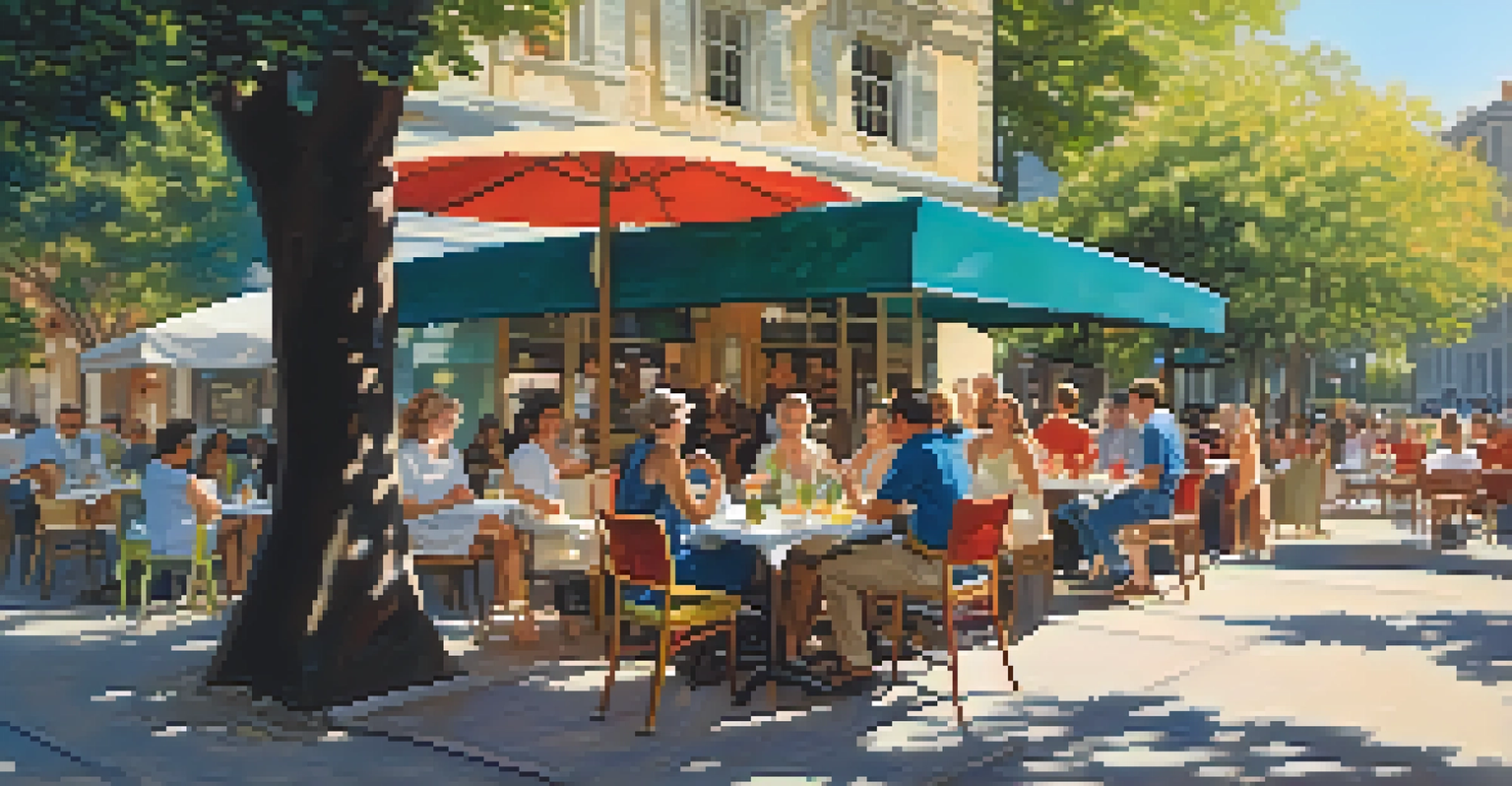 A lively outdoor café with friends enjoying their time, surrounded by colorful flowers and dappled sunlight.