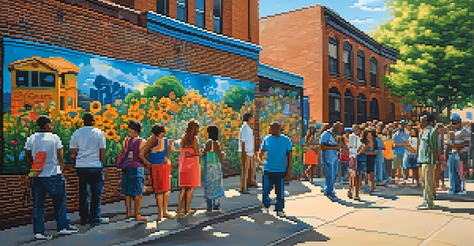 A lively mural showing a diverse group of people in a community gathering, with bright colors and a warm sunlight ambiance.