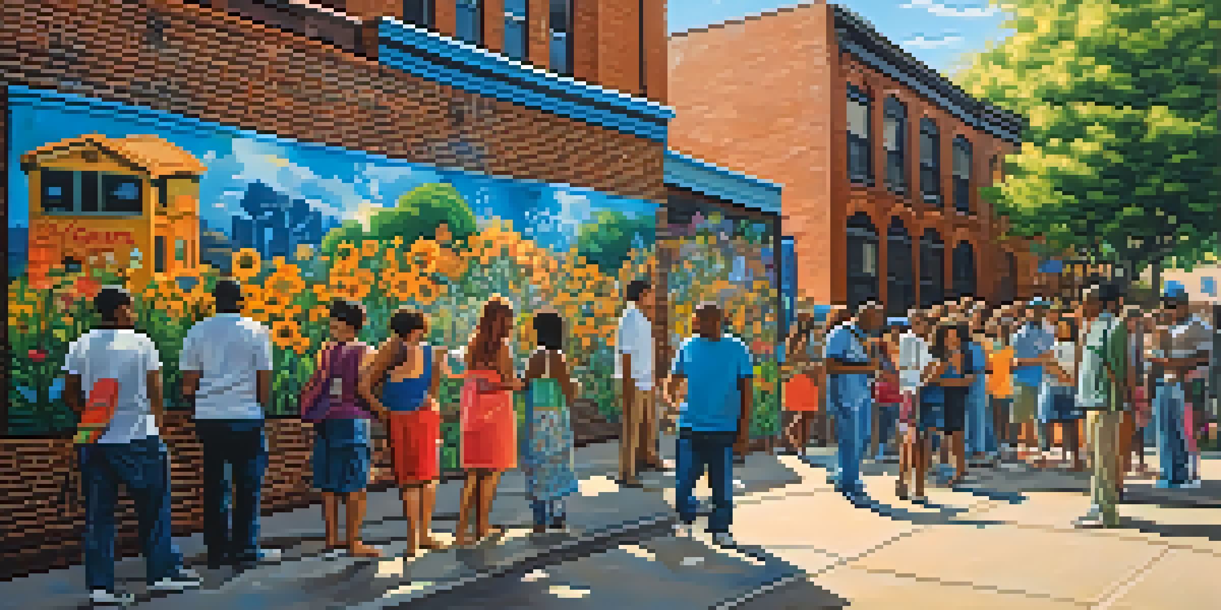 A lively mural showing a diverse group of people in a community gathering, with bright colors and a warm sunlight ambiance.