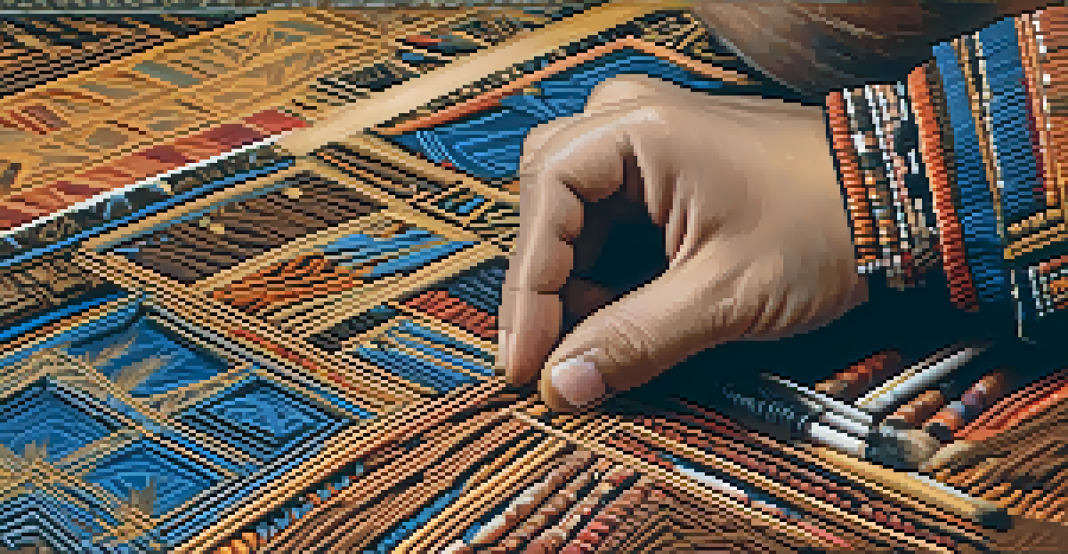 A close-up of an artist using traditional pigments to create vibrant patterns and symbols on canvas.
