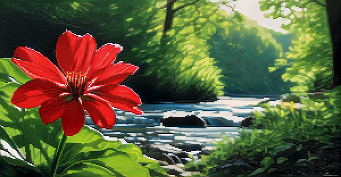 A bright red flower in a green landscape, illuminated by soft sunlight, with blurred trees and a stream in the background.
