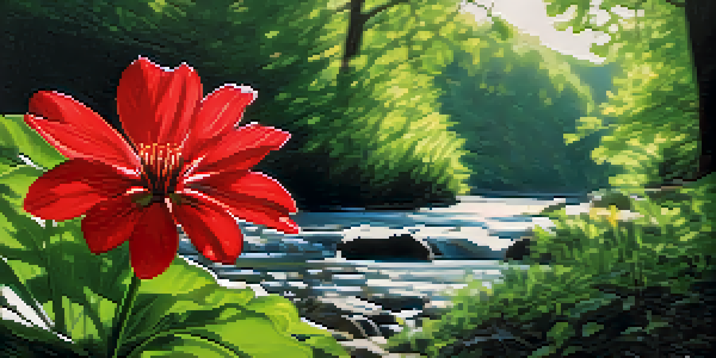 A bright red flower in a green landscape, illuminated by soft sunlight, with blurred trees and a stream in the background.