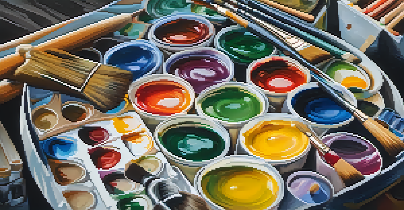 Close-up of a painter's hands mixing colors on a palette with paint tubes and brushes around.