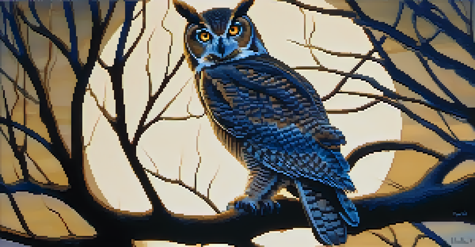 A close-up of a wise owl perched on a branch at twilight, with large eyes reflecting moonlight and trees silhouetted against a deep blue sky.