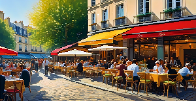 A lively outdoor café scene in Paris with people enjoying their time, sunlight filtering through trees and colorful flowers on tables.