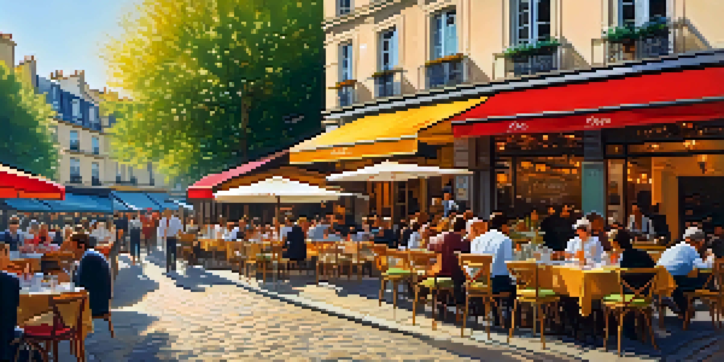 A lively outdoor café scene in Paris with people enjoying their time, sunlight filtering through trees and colorful flowers on tables.