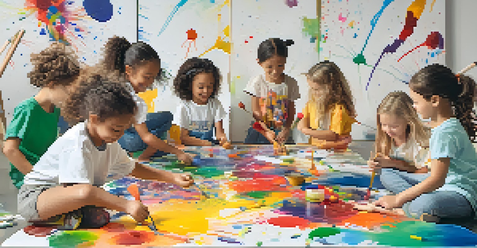Children collaborating on a large canvas, creating a colorful and vibrant artwork together.