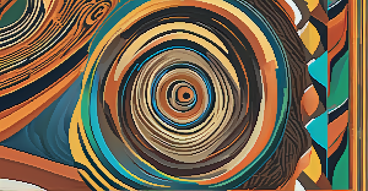 Abstract digital art featuring swirling shapes and bright colors inspired by African tribal patterns, with an earthy gradient background.