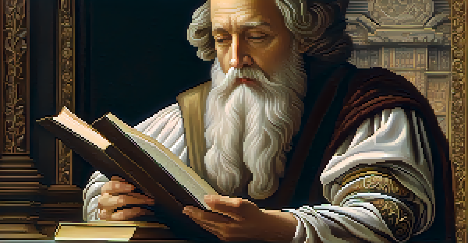 Close-up view of a Renaissance painting depicting a philosopher holding a book, with intricate details and rich colors.