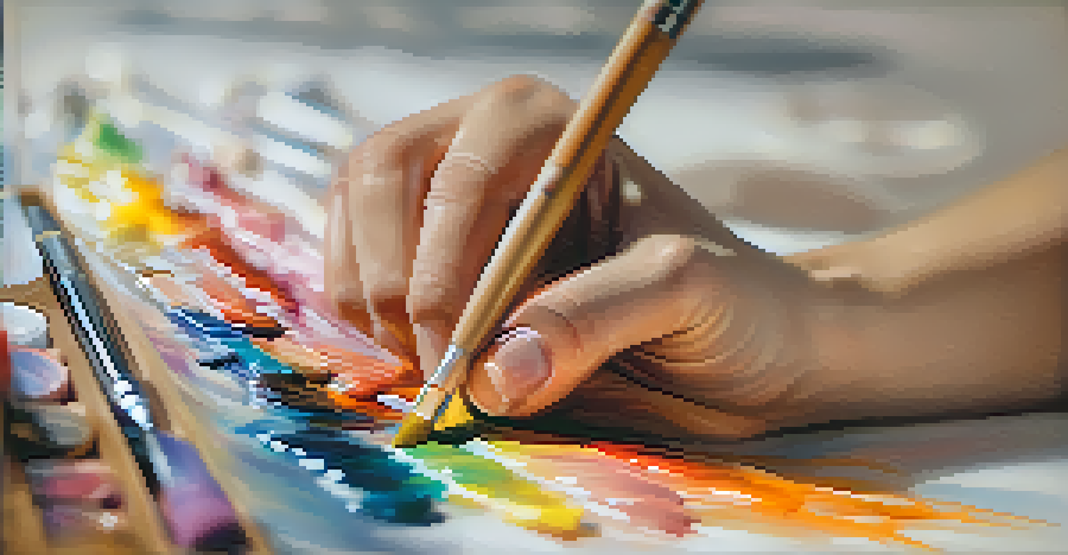 A close-up of a hand painting a reproduction on canvas, with colorful paint and brushes nearby.