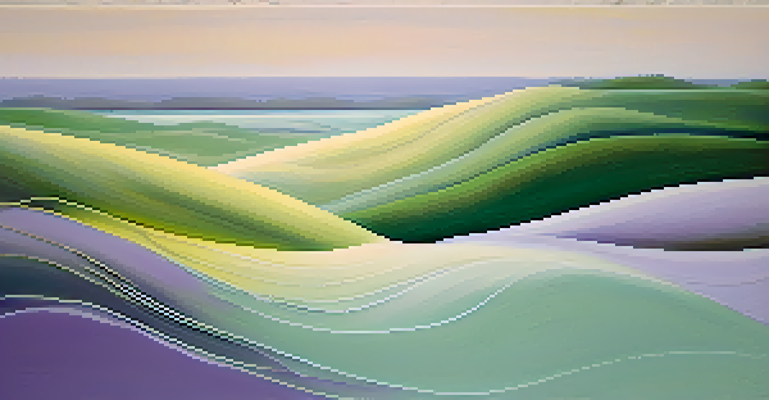 An abstract landscape with flowing lines and pastel colors evoking tranquility and rhythm.