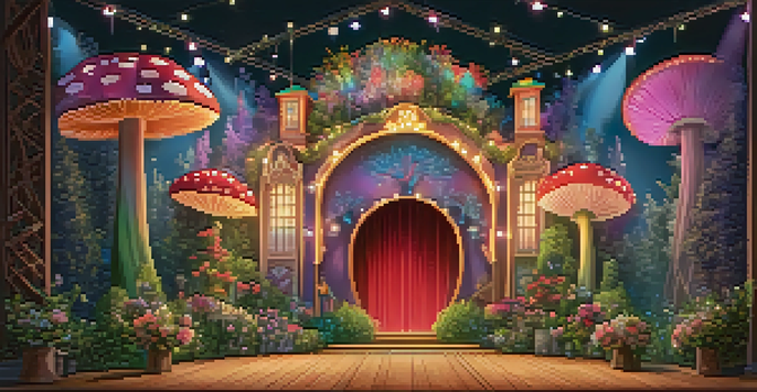 A colorful theater set with oversized flowers, fairy lights, and whimsical props like a giant mushroom and tree, bathed in warm lighting.