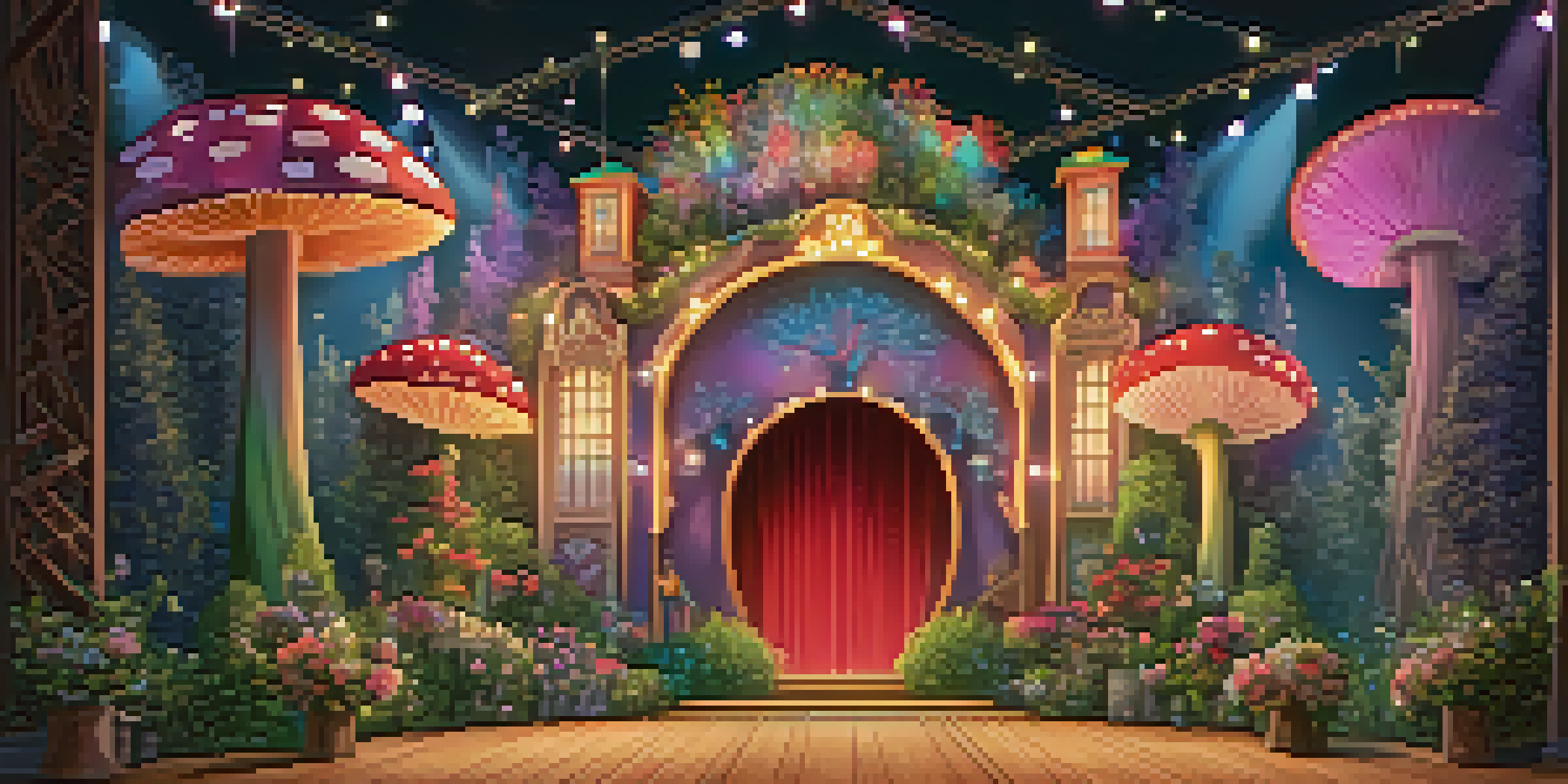 A colorful theater set with oversized flowers, fairy lights, and whimsical props like a giant mushroom and tree, bathed in warm lighting.