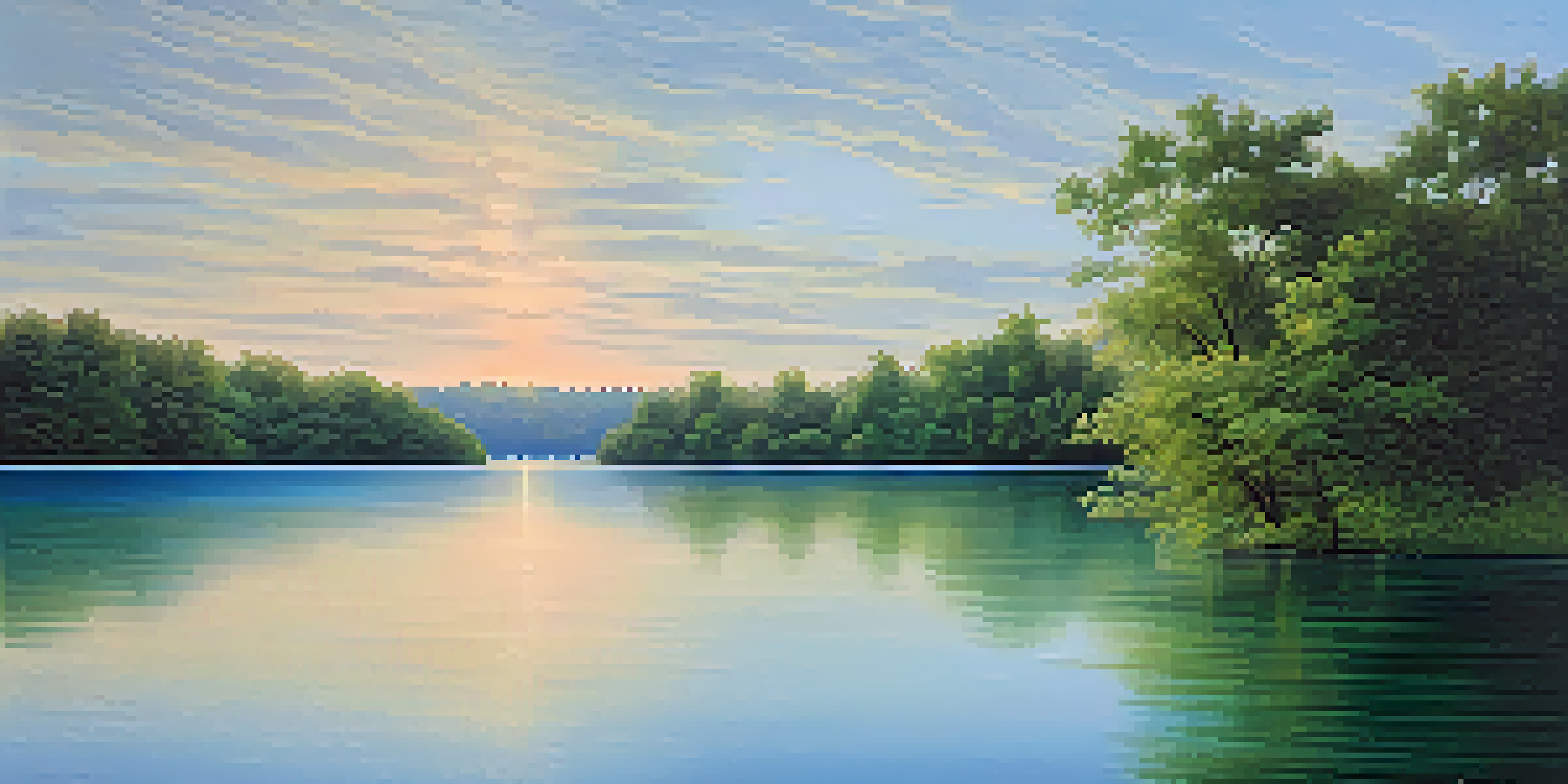A peaceful landscape with a calm blue lake, green trees, and a pastel sunrise sky reflecting in the water.